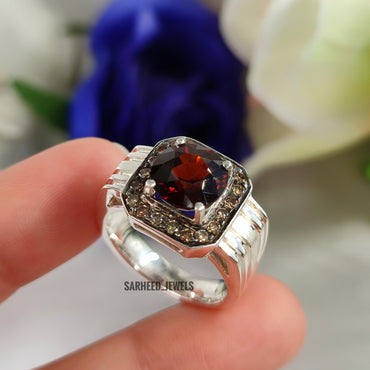 Natural Garnet and Diamond Men Ring