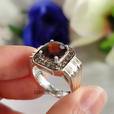 Natural Garnet and Diamond Men Ring